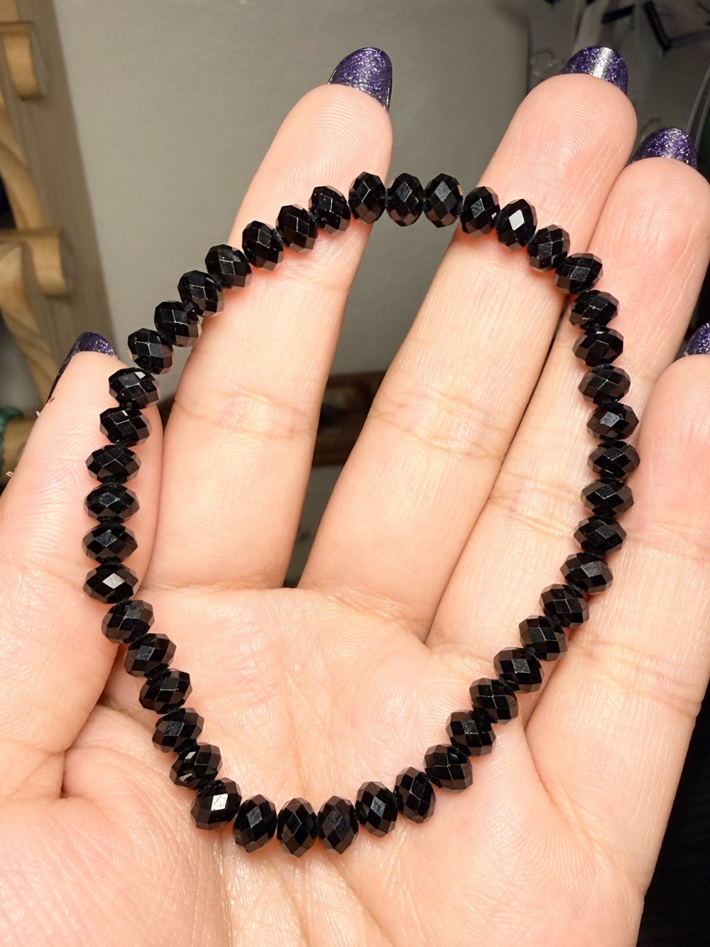 Genuine Black Tourmaline Faceted Rondelle Stretch Bracelet